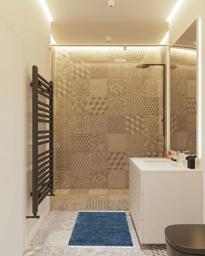 nuLOOM Neva Modern Tasseled Shag Accent Rug, 2x3, Blue in White Tiled Bathroom