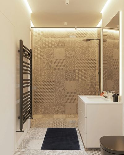 Indoor/Outdoor Hose-Wash Ribbed Design Non-Slip Rubber 2x3 Modern Entryway Mat for Entryway, Patio, Backyard, Garage, 24" x 36", Black Ribbed in White Tiled Bathroom