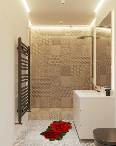 USTIDE Rose Bath Rug 2x3,Red Bathroom Rug Shaggy Flower Shaped Rug Plush Water Absorbent Rug for Kitchen Vanity Bathtub Washable High Pile Flower Doormat in White Tiled Bathroom