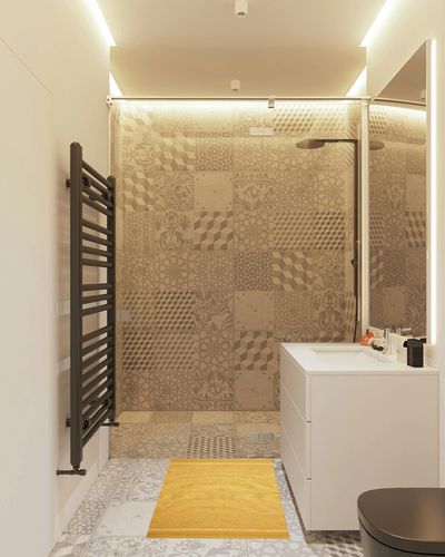 DII Variegated Recycled Yarn Modern Edge Stripe, 2x3', Honey Gold in White Tiled Bathroom