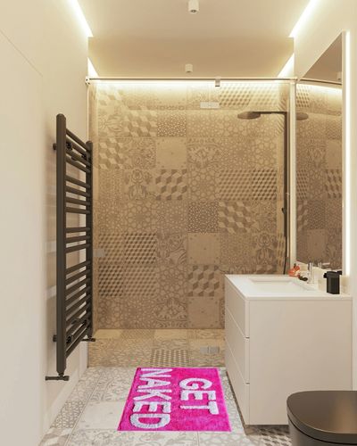 Evovee Get Naked Bath Mat Hot Pink with Light Pink Text Funny Cute Bathroom Rugs Magenta Peach Dark Pink Rug Shower Funny Bathroom Decor for Girls Women Fun Cute Non-Slip College Apartment in White Tiled Bathroom