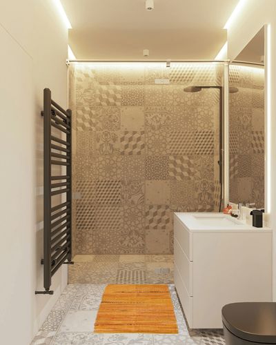 DII Chindi Home Collection Handwoven Multicolor Area Rag Run, 20x31.5, Mustard Yellow in White Tiled Bathroom