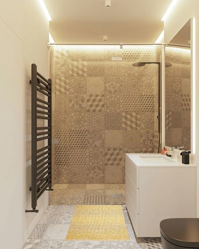 DII Woven Rag Rug Collection Recycled Yarn Variegated Rustic Stripe, 2x3', Honey Gold in White Tiled Bathroom