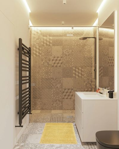 Unique Loom Solo Collection Area Rug - Calabasas (2' 2" x 3' 1" Rectangle, Yellow) in White Tiled Bathroom