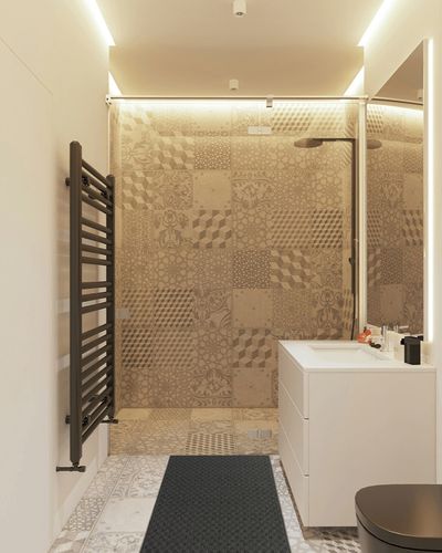 Cinder Gray Town Square Living Room Runner in White Tiled Bathroom