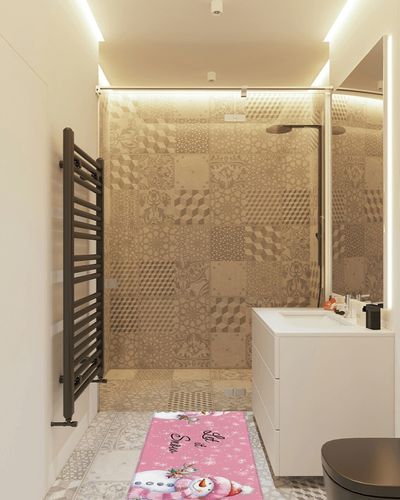 Kitchen Rugs Long Floor Door Mats Absorbent Entryway Rug Winter Christmas Snowman Bird Indoor Carpet Non-Slip Area Runner,White Snowflake on Pink Entrance Doormat for Bedroom Bathroom in White Tiled Bathroom