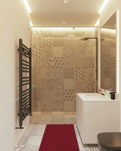 Sweet Home Stores SH Collection Solid Rubberback Indoor Runner Rug, 20" x 59", Red in White Tiled Bathroom