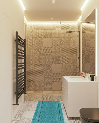mDesign Microfiber Soft Polyester Bathroom Rugs for Indoor Bath, Tub, Shower Floor Water Absorbent, Machine Washable, Non-Slip Rectangular Bath Carpets Mats, Hydra Collection, 3 Pieces - Teal Blue in White Tiled Bathroom