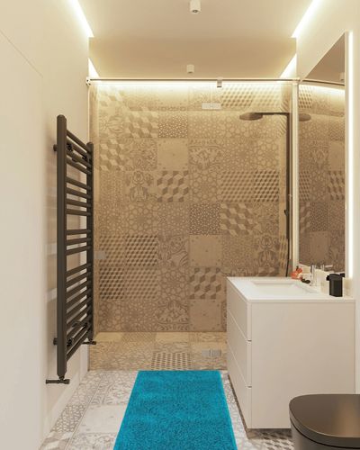 mDesign Non-Slip Microfiber Polyester Rectangular Spa Mat/Bath Rug, Plush Water Absorbent Accent Rug for Bathroom Vanity, Bathtub/Shower, Machine Washable, 60" x 21", Heathered Deep Teal Blue in White Tiled Bathroom