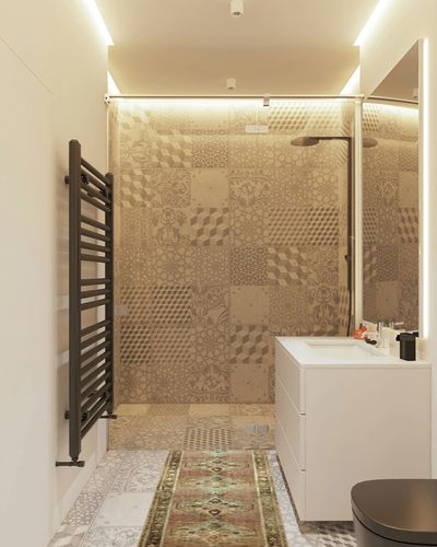 Loloi Magnolia Home by Joanna Gaines x Sinclair Clay/Tobacco 2'-0" x 5'-0" Accent Rug in White Tiled Bathroom