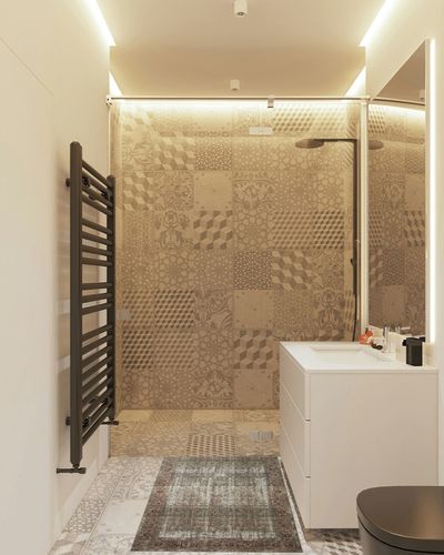 GER-07 Moss / Salmon Accent Rug in White Tiled Bathroom