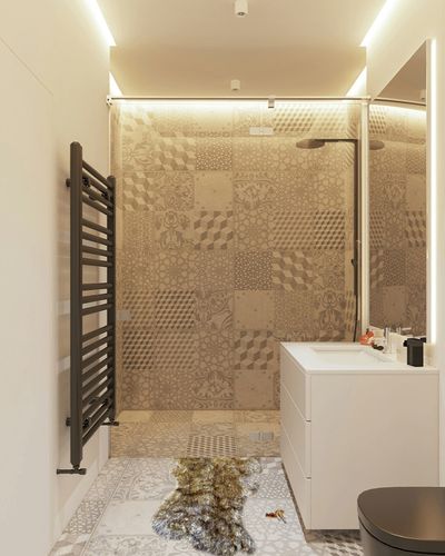 Hand Made, Brown Wolf Rug, Coyote Fur, Shag Pelt, Faux Flokati Bear Skin, Sheepskin, Throw Rug, Suede Lined in White Tiled Bathroom