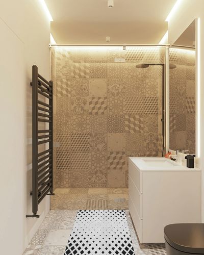 Howie Patterned Black/White Area Rug Ivy Bronx Rug Size: Rectangle 2' x 4' in White Tiled Bathroom