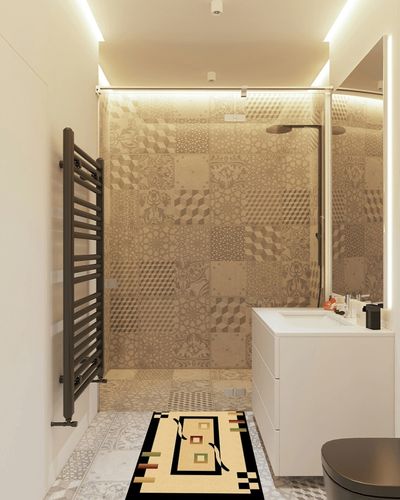 Ivy Bronx Mccampbell Beige Area Rug, Size: Rectangle 2' x 4' in White Tiled Bathroom