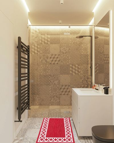 Nautica Runner Rug | Indoor Carpet for Entryway & Hallway Rug| Non-Slip and Non-Skid Entry and Kitchen Door Mat| Machine Washable Low Profile Floor Mat | 26" x 45"| Trellis Border Red and White in White Tiled Bathroom