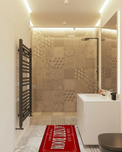 ROMAMIGO Laundry Room Rug Runner Non Slip Laundry Mats Mudroom Runner Farmhouse Kitchen Floor Mat Bathroom Laundry Room Decor Accessories(Red, 20 X 47 inch) in White Tiled Bathroom