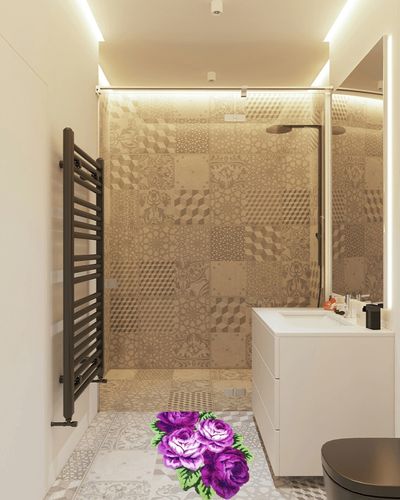 UKELER Floral Rose Bathroom Rugs Shaggy Purple Flower Area Rugs for Girls Bedroom Non Slip Absorbent Toilet Rug Bath Mat for Bathroom 43.3''x27.5'' in White Tiled Bathroom