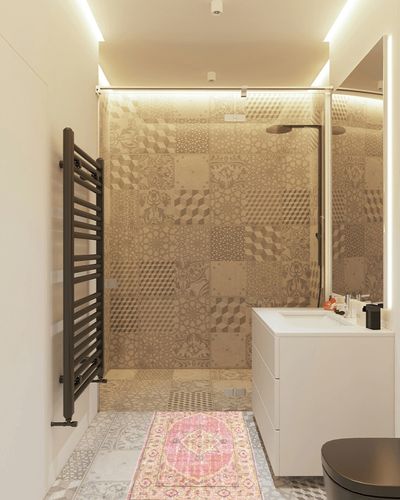 French Connection Home Kenora Colorwashed Kilim Accent Rug, 27" W x 46" L, Pink in White Tiled Bathroom