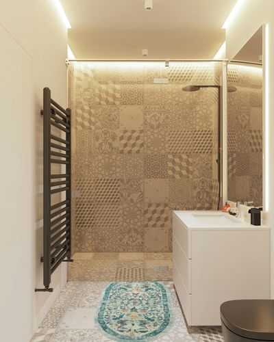 Rifle Paper Co. x Loloi Courtyard Collection COU-03 Sage 2'-3" x 3'-9" Oval Accent Rug feat. CloudPile in White Tiled Bathroom
