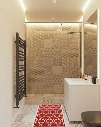 SAFAVIEH Courtyard Collection 2' x 3'7" Red/Bone CY6916 Indoor/ Outdoor Waterproof Easy Cleaning Patio Backyard Mudroom Accent Rug in White Tiled Bathroom