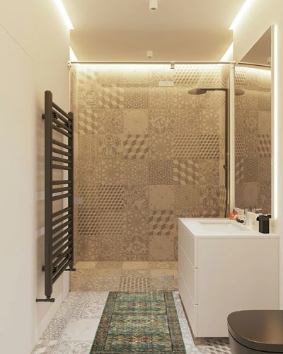 Loloi Magnolia Home by Joanna Gaines x Sinclair Turquoise/Multi 2'-3" x 3'-9" Accent Rug in White Tiled Bathroom