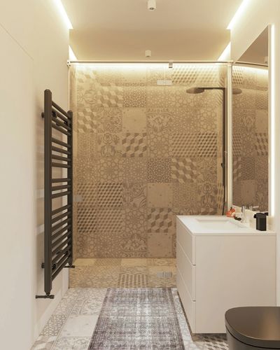 Loloi Amber Lewis x Georgie Moss/Bark 2'-3" x 3'-9" Accent Rug in White Tiled Bathroom