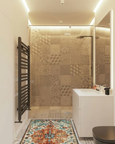 Boho Bathroom Rug,Non-Slip Distressed Entry Accent Ma in White Tiled Bathroom
