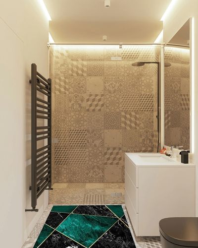 Emerald Green Area Rugs in White Tiled Bathroom