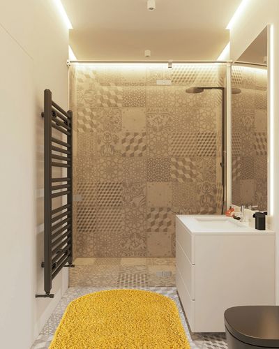 Everyday Shag Rug Yellow 3x5 Oval in White Tiled Bathroom