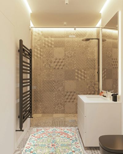 Lahome Bohemian Floral Medallion Area Rug in White Tiled Bathroom
