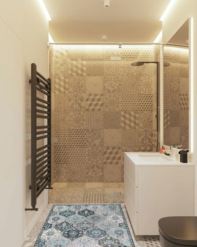 Lahome Moroccan Trellis Area Rug in White Tiled Bathroom
