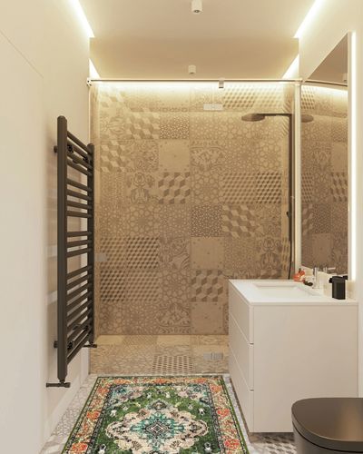 Forest Green Hallway Area Rug in White Tiled Bathroom