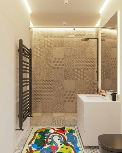 Booooom Jackson Dinosaur Rug Kids Area Rug Play Rug Educational Rug for Playroom Classroom and Kidroom Learning Carpet for Boys and Girls in White Tiled Bathroom