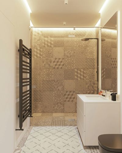 Angelka Geometric Ivory/Beige Area Rug Wrought Studio Rug Size: Rectangle 3' x 5' in White Tiled Bathroom