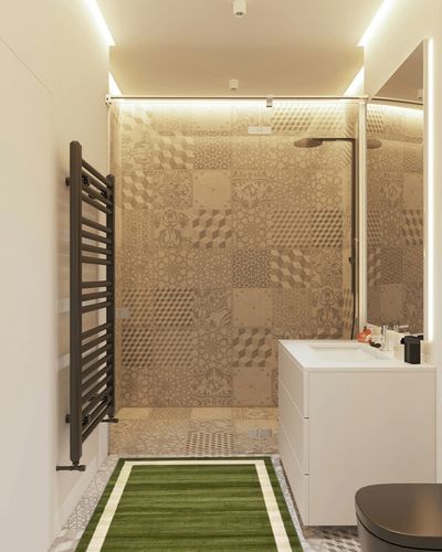 Songul Area Rug in Green Breakwater Bay Rug Size: Rectangle 3'3" x 5'3" in White Tiled Bathroom