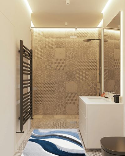 Tornillo Abstract Gray/Blue Area Rug Orren Ellis Rug Size: Rectangle 2'7 in White Tiled Bathroom