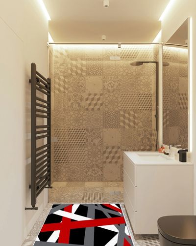 Large Area Rug, Red Black Grey Geometric Non-Slip Indoor Accent Area Carpet, Modern White Abstract Art Striped Fluffy Shaggy Runner Rug for Living Room, Bedroom, Kids Room, 2'7"x 5" in White Tiled Bathroom