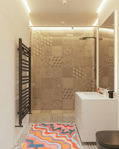 YoKii Vintage Abstract Area Rug 3x5 Faux Wool Hippie Aesthetic Colorful Striped Geometric Non-Slip Throw Rugs Carpet for Kitchen Entryway Rubber Backed, Orange and Blush in White Tiled Bathroom
