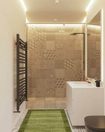 Unique Loom Del Mar Collection Area Rug - Abigail (3' 3" x 5' 3" Rectangle, Light Green/ Ivory) in White Tiled Bathroom