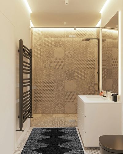 nuLOOM Bria Moroccan Shag Tasseled Accent Rug, 3x5, Black in White Tiled Bathroom