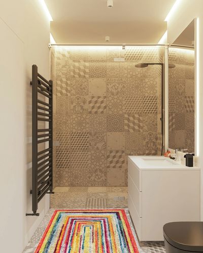 nuLOOM Hargis Labyrinth Accent Rug, 3x5, Multi in White Tiled Bathroom
