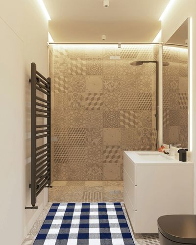 SEEKSEE Cotton Buffalo Plaid Rug 3'x 5' Navy Blue and White Hand Woven Checked Rug Washable Doormats Indoor Outdoor Rugs for Layered Front Door Mats, Porch, Kitchen, Farmhouse, Entryway in White Tiled Bathroom