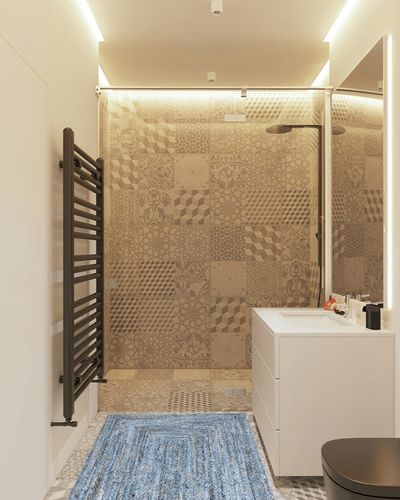 nuLOOM Hand Braided Otelia Denim And Jute Area Rug, 3' x 5', Denim in White Tiled Bathroom