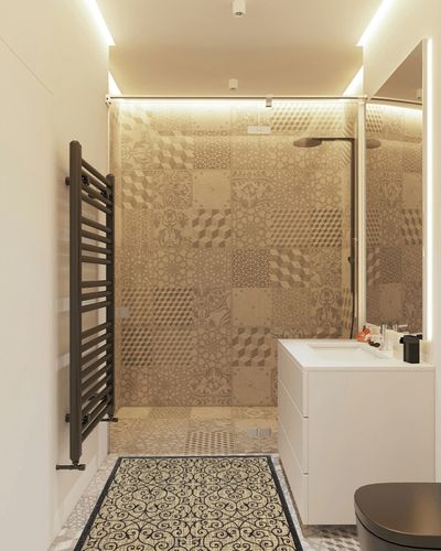 JONATHAN Y Madrid Vintage Filigree Textured Weave Indoor/Outdoor Black/Khaki 3 ft. x 5 ft. Area-Rug, Classic,Easy-Cleaning,HighTraffic,LivingRoom,Backyard, Non Shedding, SMB107A-3 in White Tiled Bathroom