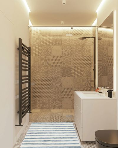 SAFAVIEH Dhurries Collection 3' x 5' Blue/Ivory DHU575B Handmade Flatweave Premium Wool Area Rug in White Tiled Bathroom