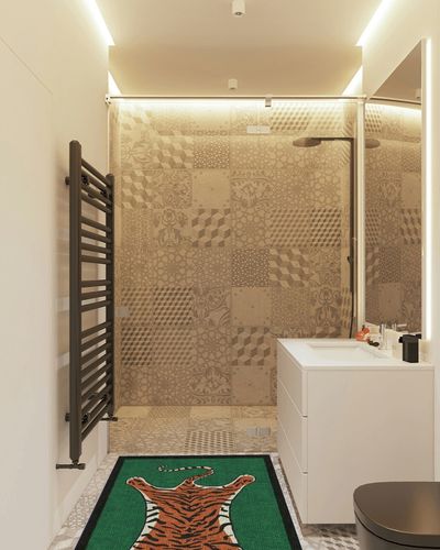 RUGGABLE x Jonathan Adler Washable Rug- Perfect Modern Area Rug for Living Room, Bedroom, Kitchen & Dorm Room- Stain & Water Resistant- Soft & Durable,Tiger Emerald Green 3'x5' (Standard Pad) in White Tiled Bathroom