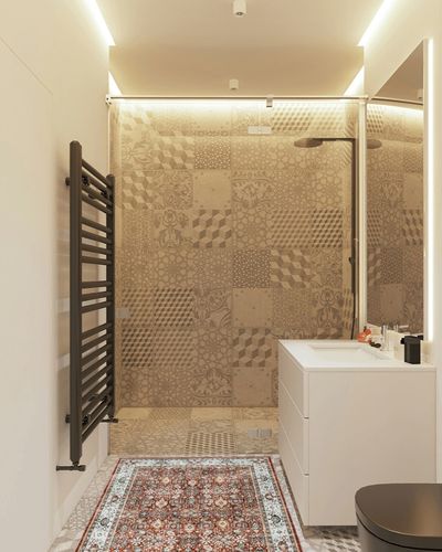 befbee 3x5 Rug-Anti-Slip Backing Area Rugs for Living Room,Stain Resistant Small Rugs for entryway, Foldable Vintage Home Decor Washable Area Rug (Brick Red,3'x5') in White Tiled Bathroom