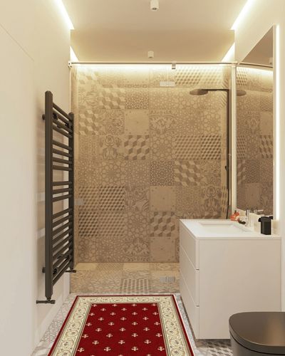 Well Woven Apollo Flatwoven Fleur De Lis Red 3'3" x 5' Area Rug in White Tiled Bathroom