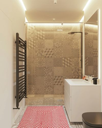 Super Area Rugs Tri-Color Cotton Farmhouse Braided Cotton Rug - Buffalo Check Red,White,Gray 3' X 5' Rectangle in White Tiled Bathroom