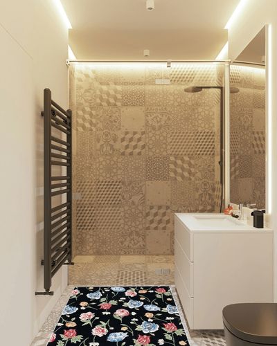 SAFAVIEH Chelsea Collection Area Rug - 3' x 5', Black & Red, Handmade French Country Wool, Floral Design, Ideal for Living Room, Bedroom, Dining (HK220Z-3) in White Tiled Bathroom